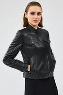 Gigi Women's Black Short Leather Jacket | Derimod Gigi Women's Black Short Leather Jacket | Derimod