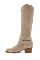 Women's Beige Thick Heel Buckle Detailed Suede Leather Cowboy Boots | Derimod Women's Beige Thick Heel Buckle Detailed Suede Leather Cowboy Boots | Derimod