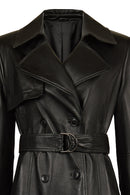 Isabel Woman Black Double-breasted Collar Leather Overcoat | Derimod Isabel Woman Black Double-breasted Collar Leather Overcoat | Derimod