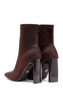 Women's Brown Zippered High Thick Heel Fabric Boots | Derimod Women's Brown Zippered High Thick Heel Fabric Boots | Derimod