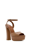 Women's Tan Ankle Buckle Platform High Thick Heel Leather Sandals | Derimod Women's Tan Ankle Buckle Platform High Thick Heel Leather Sandals | Derimod