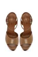 Women's Tan Ankle Buckle Platform High Thick Heel Leather Sandals | Derimod Women's Tan Ankle Buckle Platform High Thick Heel Leather Sandals | Derimod