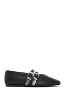 Women's Black Double Buckled Leather Ballerinas | Derimod Women's Black Double Buckled Leather Ballerinas | Derimod