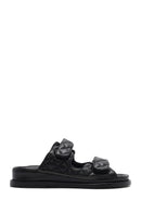 Women's Black Banded Quilted Patterned Leather Slippers | Derimod Women's Black Banded Quilted Patterned Leather Slippers | Derimod