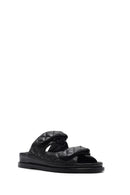 Women's Black Banded Quilted Patterned Leather Slippers | Derimod Women's Black Banded Quilted Patterned Leather Slippers | Derimod