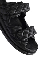 Women's Black Banded Quilted Patterned Leather Slippers | Derimod Women's Black Banded Quilted Patterned Leather Slippers | Derimod