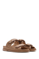 Women's Brown Banded Quilted Patterned Leather Slippers | Derimod Women's Brown Banded Quilted Patterned Leather Slippers | Derimod