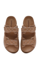 Women's Brown Banded Quilted Patterned Leather Slippers | Derimod Women's Brown Banded Quilted Patterned Leather Slippers | Derimod