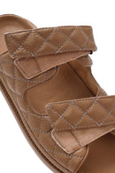 Women's Brown Banded Quilted Patterned Leather Slippers | Derimod Women's Brown Banded Quilted Patterned Leather Slippers | Derimod