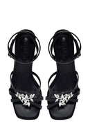 Women's Black Ankle Buckle Stoned Thin Short Heeled Sandals | Derimod Women's Black Ankle Buckle Stoned Thin Short Heeled Sandals | Derimod