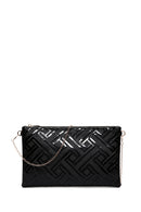 Women's Black Chain Strap Patterned Patent Leather Clutch Bag | Derimod Women's Black Chain Strap Patterned Patent Leather Clutch Bag | Derimod