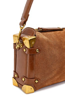Women's Tan Long Strap Suede Leather Mini Shoulder Bag | Derimod Women's Tan Long Strap Suede Leather Mini Shoulder Bag | Derimod