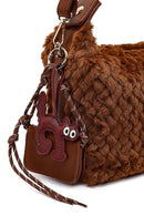 Women's Brown Long Strap Plush Shoulder Bag with Charms | Derimod Women's Brown Long Strap Plush Shoulder Bag with Charms | Derimod