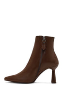 Woman Brown Zippered Thin Heeled Leather Boot | Derimod Woman Brown Zippered Thin Heeled Leather Boot | Derimod