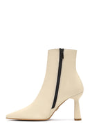 Women's Cream Zippered Thin Heeled Leather Boot | Derimod Women's Cream Zippered Thin Heeled Leather Boot | Derimod