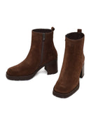 Women's Brown Zippered Thick Heeled Suede Leather Boot | Derimod Women's Brown Zippered Thick Heeled Suede Leather Boot | Derimod