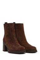 Women's Brown Zippered Thick Heeled Suede Leather Boot | Derimod Women's Brown Zippered Thick Heeled Suede Leather Boot | Derimod