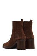 Women's Brown Zippered Thick Heeled Suede Leather Boot | Derimod Women's Brown Zippered Thick Heeled Suede Leather Boot | Derimod