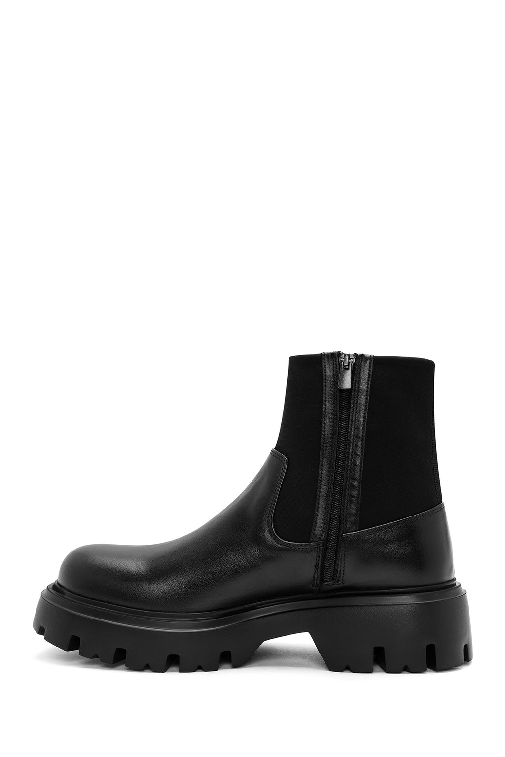Erkek Siyah Fermuarlı Kalın Tabanlı Deri Casual Bot