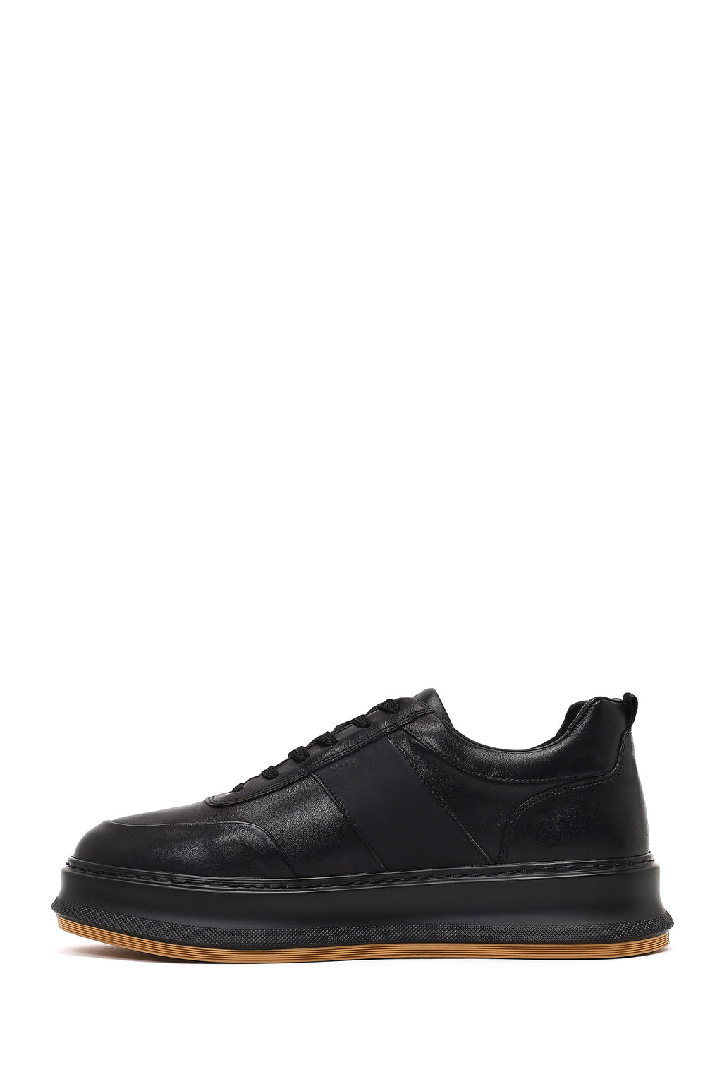 Erkek Siyah Bağcıklı Kalın Tabanlı Deri Sneaker