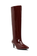 Women's Burgundy Short Thin Heeled Patent Leather Boot | Derimod Women's Burgundy Short Thin Heeled Patent Leather Boot | Derimod