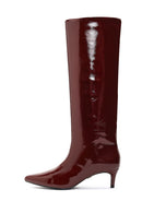 Women's Burgundy Short Thin Heeled Patent Leather Boot | Derimod Women's Burgundy Short Thin Heeled Patent Leather Boot | Derimod