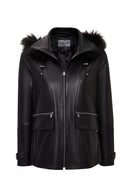 Chantal Women's Black Hooded Fur Oversize Leather Coat | Derimod Chantal Women's Black Hooded Fur Oversize Leather Coat | Derimod