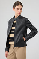 Tina Women's Black Stand Collar Leather Jacket | Derimod Tina Women's Black Stand Collar Leather Jacket | Derimod