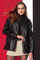 Rosalin Women's Black Shirt Collar Oversize Leather Jacket | Derimod Rosalin Women's Black Shirt Collar Oversize Leather Jacket | Derimod