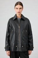 Rosalin Women's Black Shirt Collar Oversize Leather Jacket | Derimod Rosalin Women's Black Shirt Collar Oversize Leather Jacket | Derimod