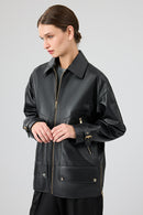 Rosalin Women's Black Shirt Collar Oversize Leather Jacket | Derimod Rosalin Women's Black Shirt Collar Oversize Leather Jacket | Derimod
