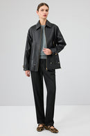Rosalin Women's Black Shirt Collar Oversize Leather Jacket | Derimod Rosalin Women's Black Shirt Collar Oversize Leather Jacket | Derimod