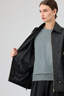 Rosalin Women's Black Shirt Collar Oversize Leather Jacket | Derimod Rosalin Women's Black Shirt Collar Oversize Leather Jacket | Derimod