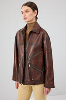 Claris Women's Brown Shirt Collar Oversize Leather Jacket | Derimod Claris Women's Brown Shirt Collar Oversize Leather Jacket | Derimod