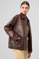 Claris Women's Brown Shirt Collar Oversize Leather Jacket | Derimod Claris Women's Brown Shirt Collar Oversize Leather Jacket | Derimod