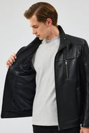 Hugo Men's Black Regular Leather Jacket | Derimod Hugo Men's Black Regular Leather Jacket | Derimod