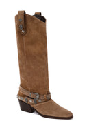 Woman Beige Thick-Heeled Suede Cowboy Boots | Derimod Woman Beige Thick-Heeled Suede Cowboy Boots | Derimod