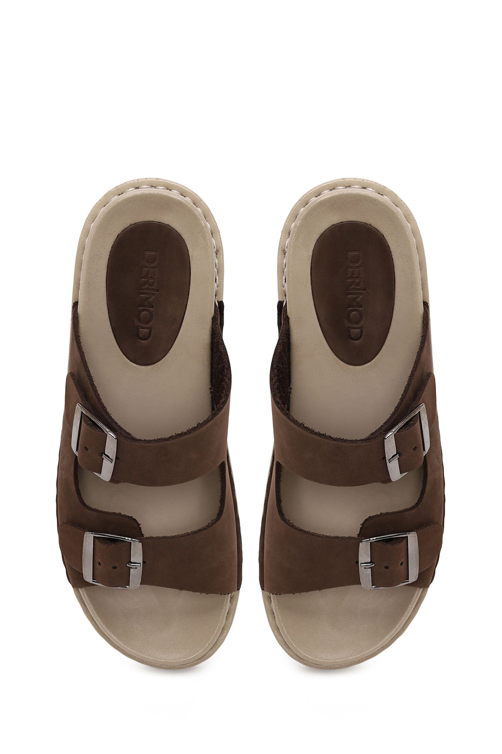 Kadın Kahverengi Çift Tokalı Nubuk Deri Comfort Terlik