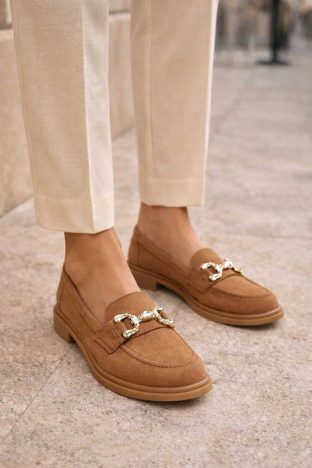 Kadın Taba Taşlı Süet Deri Maskülen Loafer