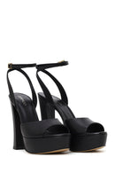 Woman Black Ankle-Buckle High Chunky-Heel Platform Leather Sandal | Derimod Woman Black Ankle-Buckle High Chunky-Heel Platform Leather Sandal | Derimod