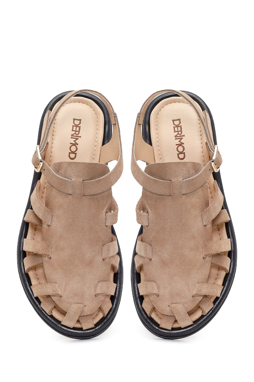Kadın Bej Tokalı Süet Deri Sandalet