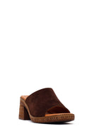Woman Brown Block-Heel Suede Leather Mules | Derimod Woman Brown Block-Heel Suede Leather Mules | Derimod