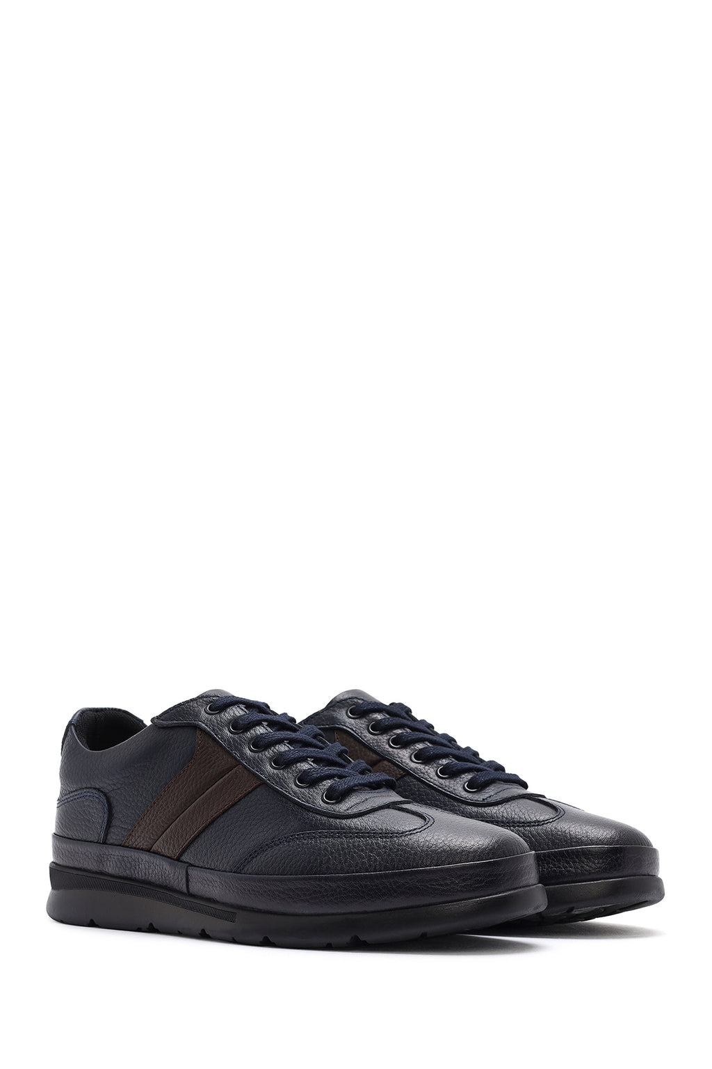 Erkek Lacivert Bağcıklı Deri Casual Sneaker