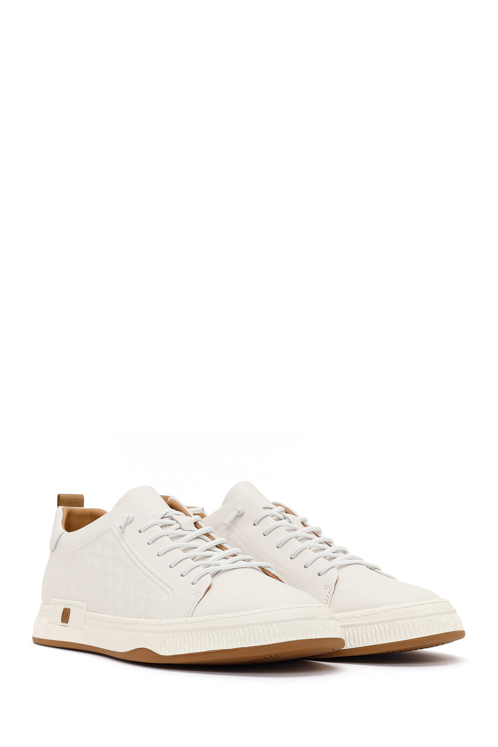 Erkek Beyaz Bağcıklı Baskılı Deri Sneaker