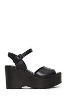 Woman Black Ankle-Buckle Wedge-Heel Leather Sandal | Derimod Woman Black Ankle-Buckle Wedge-Heel Leather Sandal | Derimod