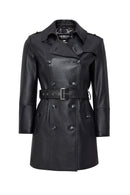 Matilda Women's Black Double Breasted Leather Coat | Derimod Matilda Women's Black Double Breasted Leather Coat | Derimod