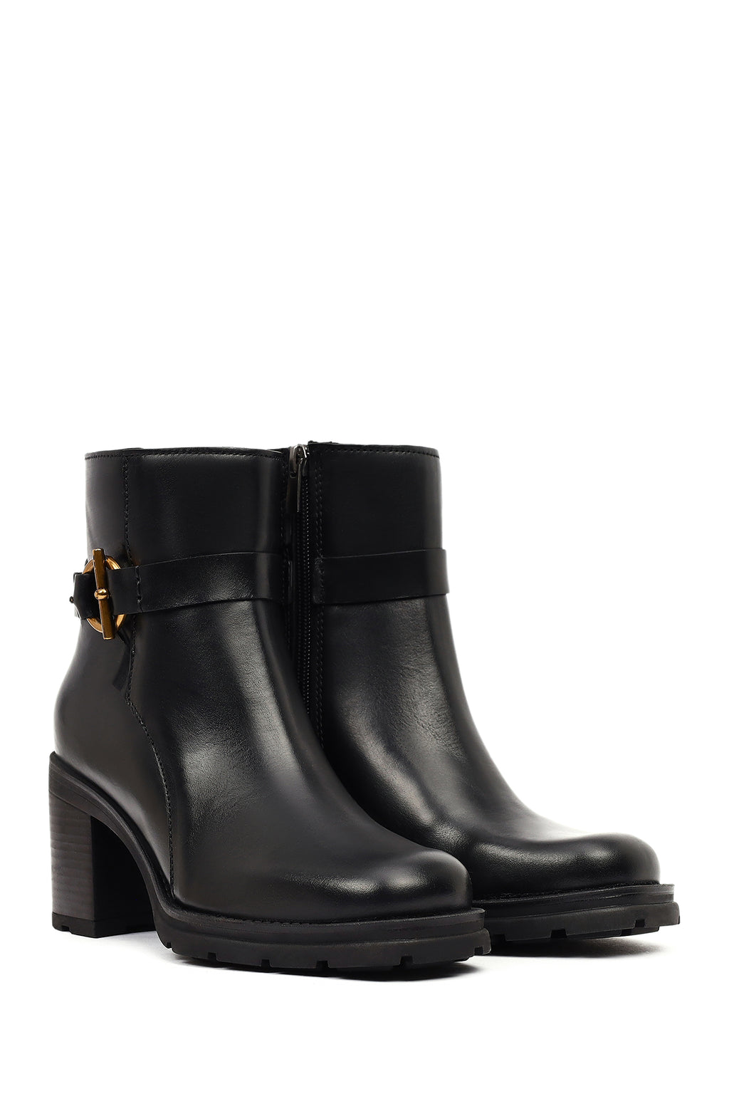Kadın Siyah Fermuarlı Kalın Topuklu Deri Bot
