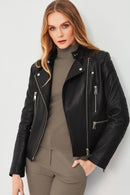 Giselle Women's Black Slim-Fit Biker Leather Jacket | Derimod Giselle Women's Black Slim-Fit Biker Leather Jacket | Derimod