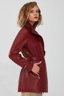 Whitney Women's Burgundy Long Leather Jacket | Derimod Whitney Women's Burgundy Long Leather Jacket | Derimod