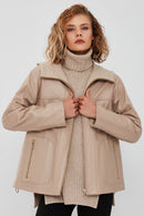 Roma Women's Beige Hooded Double-Sided Oversize Leather Jacket | Derimod Roma Women's Beige Hooded Double-Sided Oversize Leather Jacket | Derimod